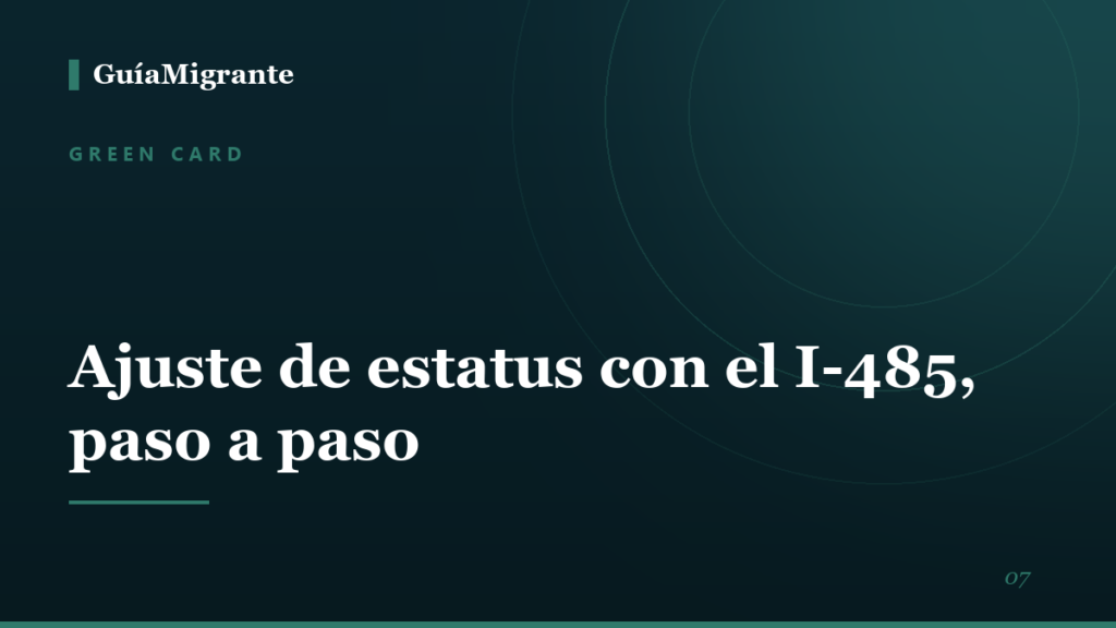 Portada de la guía «Ajuste de estatus con el I-485, paso a paso» de GuíaMigrante